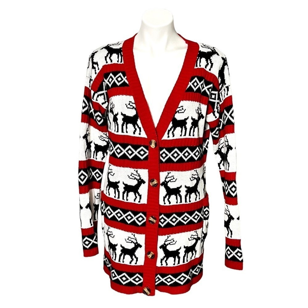 V28 Oversized Reindeer Christmas Cardigan Sweater Size Large Red/Black